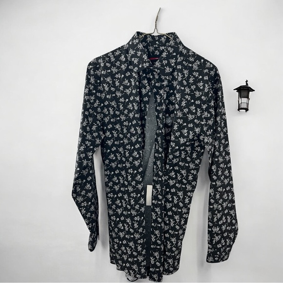 ◼️J. FERRAR: Men’s M (32-33) NWT button down black shirt w/white floral pattern - Picture 1 of 12